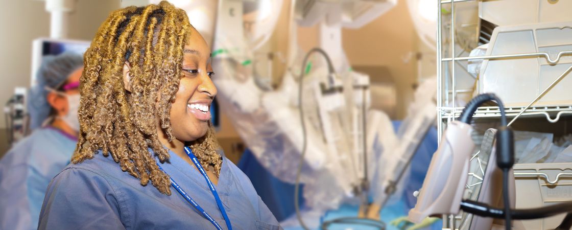 Nurse using hospital equipment