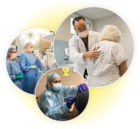 Three overlapping circular images that include nurses and surgeons in an operating room, a doctor putting a stethoscope on a woman's back, and a doctor examining a patient's arm