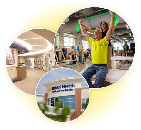 Three overlapping circular images that include Bristol Health Medical Care Center sign on exterior of the building, hallway inside of the building, and trainer assisting a patient with an exercise in the fitness area 