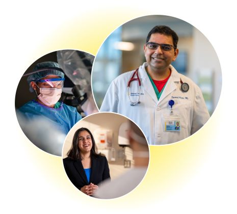 Three overlapping circular images that include a doctor in a white coat standing in a hallway, a surgeon working, and a woman talking to a doctor